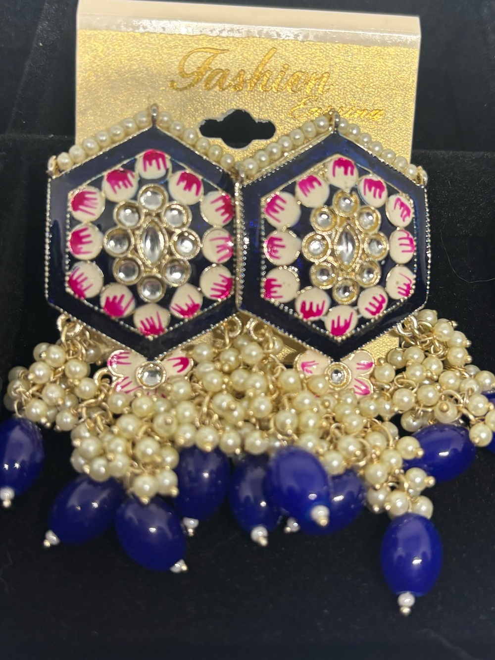 Handcrafted Blue and Pearl Jhumka Earrings -
